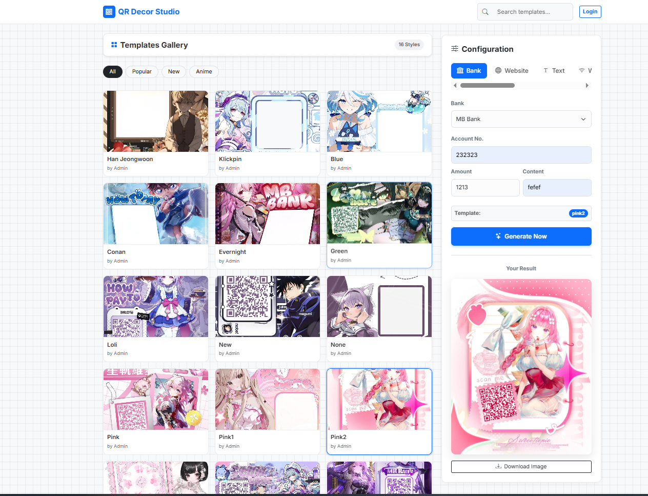 CODE WEB TẠO MÃ QR ANIME SIÊU ĐẸP CÓ SẴN PHÔI ẢNH CÓ THỂ THÊM